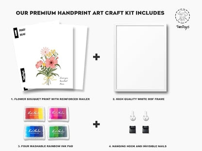 TwoDays Flower Bouquet Handprint Art Craft DIY Kit, Unique Gifts for Mom from Daughter or Son for Mother's Day Birthday Christmas, Gift for Grandma. (Floral-1, White)