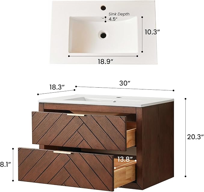 30 in. Wall Mounted Bathroom Vanity with Sink, Fully Assembled Floating Vanity with Double Drawers, Brown Walnut Finish