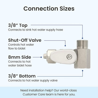 LUXE Bidet 3/8 x 3/8 x 8mm Hot Water Shut-Off Valve T-Adapter | Nickel Finish, Compatible with NEO & NEO Plus Series Bidet Attachments