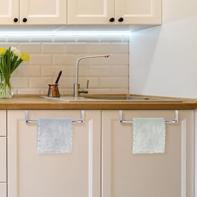 Patelai Over Cabinet Door Towel Bar, Metal Kitchen Rack,Silver | Hang Inside or Outside Cabinet for Hand Towels, No Drill Install, Bathroom Organizer, Saves Counter Space, Fits Doors