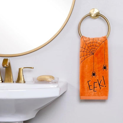 SKL Home Halloween Eek Hand Towel Set-2pc, 100% Cotton, Embroidered, Orange | Soft, embroidered velour. Great for the bathroom, kitchen or bar & gift.