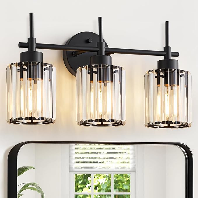 3 Light Black Crystal Vanity Light, Modern Bathroom Vanity Light Over Mirror, Up and Down Mount Wall Sconce Lighting for Bathroom Bedroom Living Room Hallway