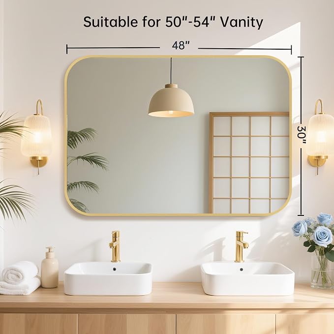 48x30 Inch Gold Bathroom Mirror, Brushed Brass Gold Metal Framed Rectangular Mirror with Rounded Corner, Bathroom Vanity Mirror for Bedroom or Living Room, Horizontal/Vertical