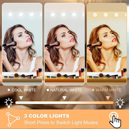 Moonee Hollywood Vanity Mirror with Lights,Makeup Mirror with 18 Dimmable Bulbs and 10X Magnification,3 Colors Modes,Aluminum Metal Frame,USB Charging Port（32" x 24"）