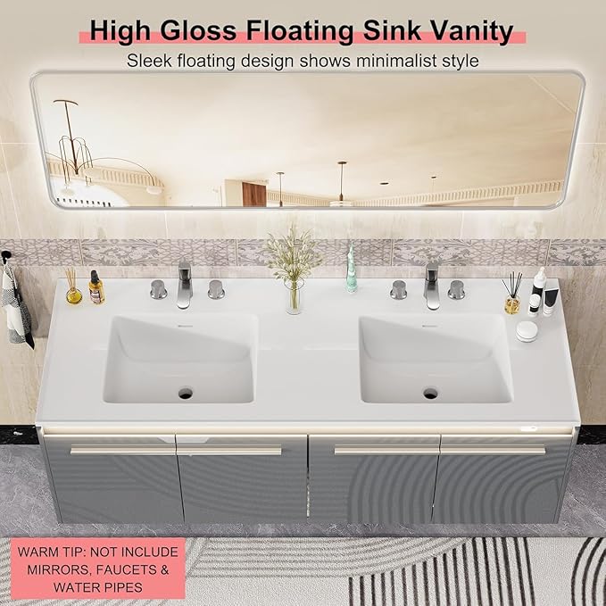 60-Inch Double Sink Floating Vanity with Human Sensor LED, High Gloss Wall Mounted Bathroom Vanity with Sink, Modern Bath Sink Vanity Cabinet with Metal Handles, Gray