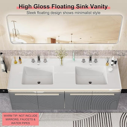 60-Inch Double Sink Floating Vanity with Human Sensor LED, High Gloss Wall Mounted Bathroom Vanity with Sink, Modern Bath Sink Vanity Cabinet with Metal Handles, Gray