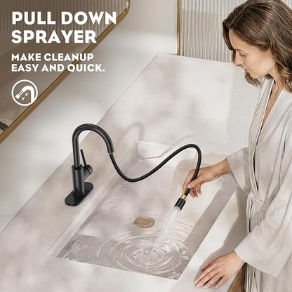 Tall Bathroom Faucet with Pull Out Sprayer,Matte Black Single Handle Swivel Pull Down Faucet,Pop-Up Drain,1 or 3 Hole 2 Model RV Bar Laundry Utility Sink Faucet with Deck Plate, WE08CL-ZY-MB