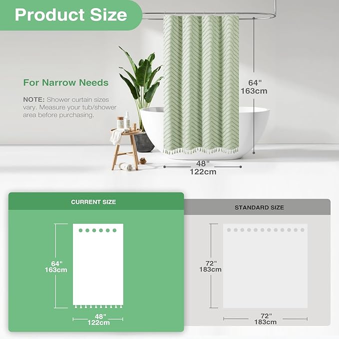 Dynamene Stall Fabric Shower Curtain, 48x64 Inch Boho Tufted Chevron Striped Shower Curtains for Bathroom, Minimalist Heavy Duty Cloth Shower Curtain Set with 8 Hooks, Machine Washable, Sage Green