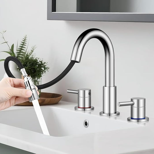 Pull Down Bathroom Faucet for Sink 3 Hole,8 inch Widespread Chrome Bathroom Sink Faucet with Pop Up Drain, Water Supply Hoses