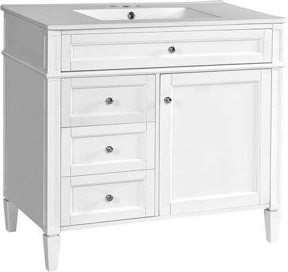 Merax 36 Inch Bathroom Vanity with Top Sink, Modern Bathroom Storage Cabinet with 2 Drawers and a Tip-Out Drawer, Solid Wood Frame Single Sink Bath Vanities, White