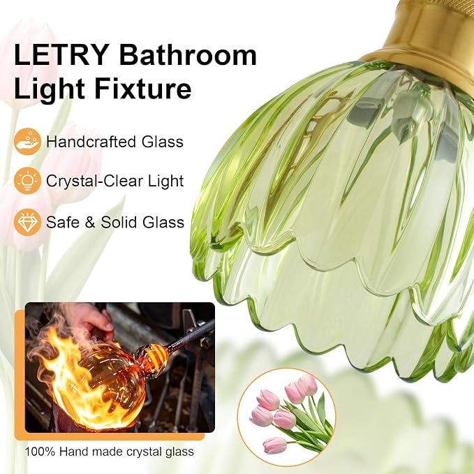 Bathroom Light Fixtures, 5-Light Brushed Gold Vanity Lights for Bathroom with Green Tulip Glass Shade, 30" Vintage Bathroom Vanity Lighting Fixtures Over Mirror for Bedroom Living Room Hallway