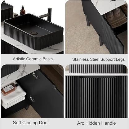 Ambrovina 60" Bathroom Vanity with Double Sink, Freestanding Bathroom Storage Cabinet with 4 Soft-Closing Doors, Rectangular Ceramic Basin and Carrara White Sintered Stone Countertop, Gloss Black