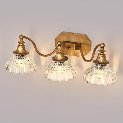 hesoge Vintage Bathroom Light Fixture Brushed Gold Vanity Light with Crystal Glass Shade Antique Brass 3 Light Bathroom Light Over Mirror