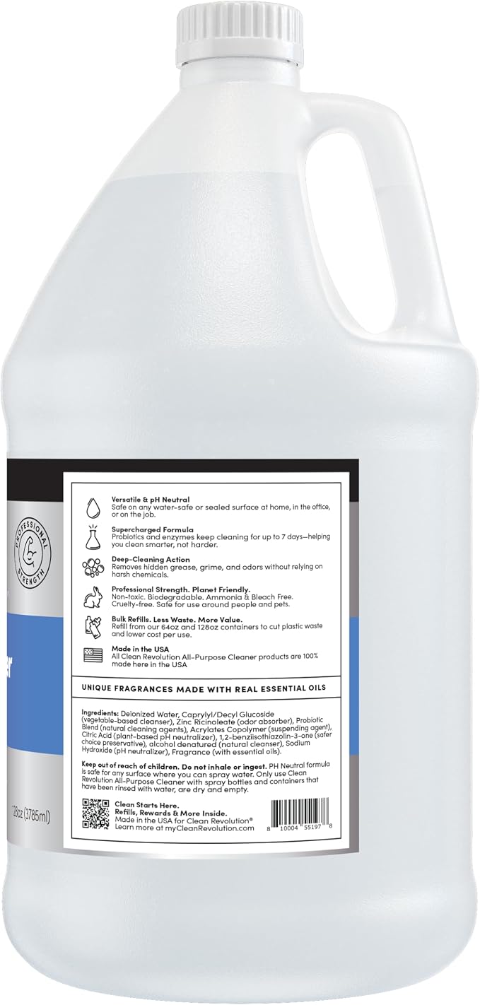 Clean Revolution SuperCharged All Purpose Cleaner Refill with Smart Probiotic + Enzyme Complex, Multi-Surface Kitchen Bathroom & Floor Cleaner, Spring Air, 128 Fl Oz