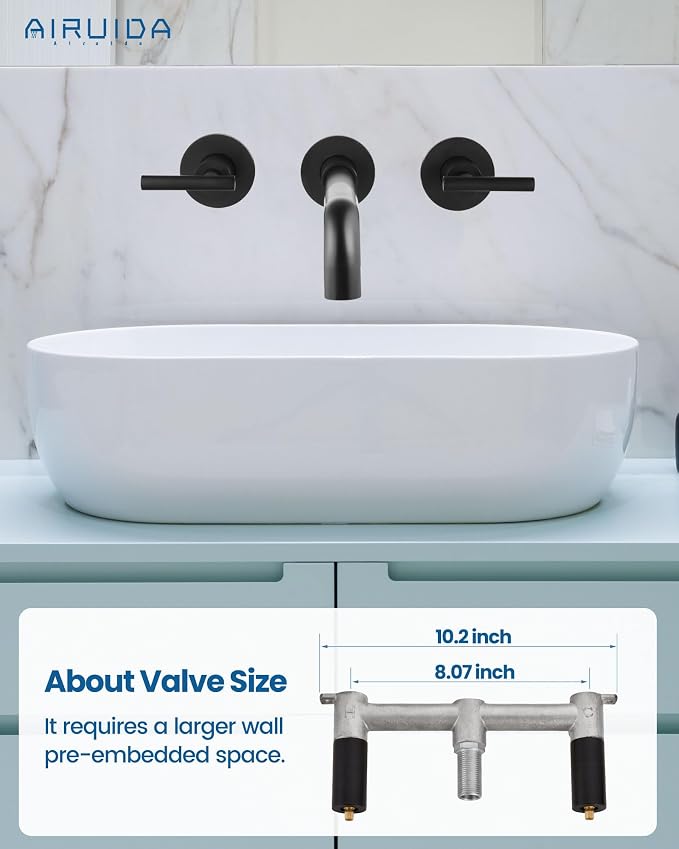 Airuida Wall Mounted Bathroom Sink Faucet,Matte Black Vanity Sink Faucet | Lever Handle,3 Holes,360° Widespread Swivel Spout,Rotatable Bathroom Faucet