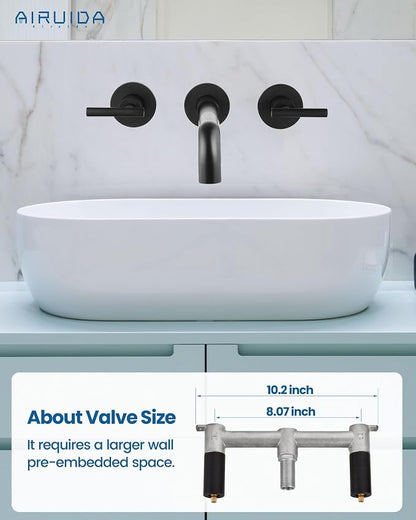 Airuida Wall Mounted Bathroom Sink Faucet,Matte Black Vanity Sink Faucet | Lever Handle,3 Holes,360° Widespread Swivel Spout,Rotatable Bathroom Faucet