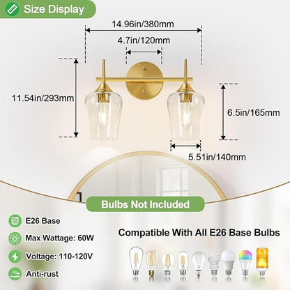 2-Light Bathroom Light Fixtures, Gold Vanity Lights for Bathroom with Clear Glass, Bathroom Lighting Fixtures Over Mirror, Modern Wall lamp for Cabinet Hallway