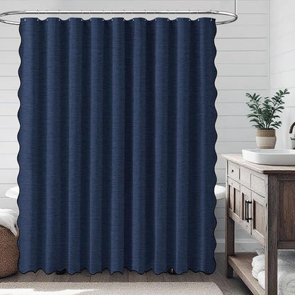 BTTN 108x72 Boho Scalloped Linen Textured Cloth Shower Curtain, Navy Blue | Extra Wide Size, 230GSM Waterproof Polyester, Heavy Duty Fabric, 18 Plastic Hooks, Modern Farmhouse Style, Machine Washable