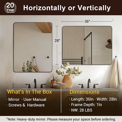 Black Bathroom Mirrors for Over Sink, 28x36 Inch Matte Black Mirror for Bathroom, Rectangle Metal Vanity Mirror for Wall-Modern Clean Design with Superior Stainless Steel Frame