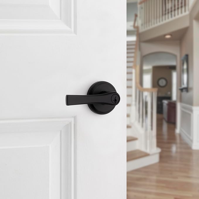 Kwikset Katella Entry Door Handle with Lock and Key, Secure Keyed Reversible Lever Exterior, For Front Entrance and Bedrooms, Matte Black, Pick Resistant Smartkey Rekey Security and Microban