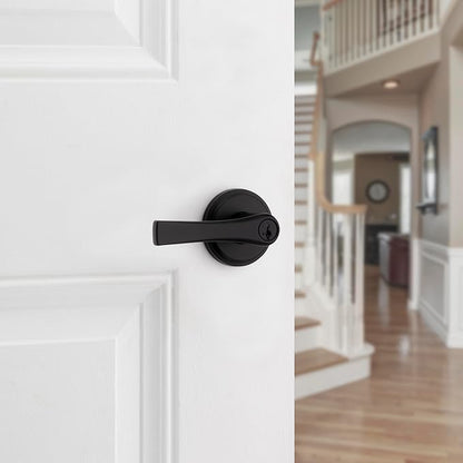 Kwikset Katella Entry Door Handle with Lock and Key, Secure Keyed Reversible Lever Exterior, For Front Entrance and Bedrooms, Matte Black, Pick Resistant Smartkey Rekey Security and Microban