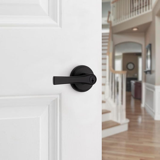 Kwikset Katella Entry Door Handle with Lock and Key, Secure Keyed Reversible Lever Exterior, For Front Entrance and Bedrooms, Matte Black, Pick Resistant Smartkey Rekey Security and Microban
