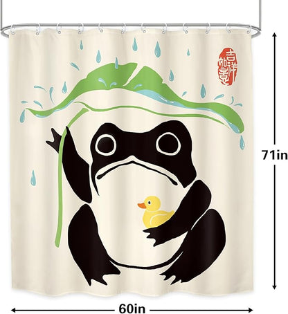 LGhtyro Funny Frog Shower Curtain Bathroom Set 60Wx71H Inches Asian Duck Traditional Art Japanese Cute Animal Taking Lotus Leaf Rain Bath Accessories Lovely Art Home Decor Fabric 12 Pack Hooks