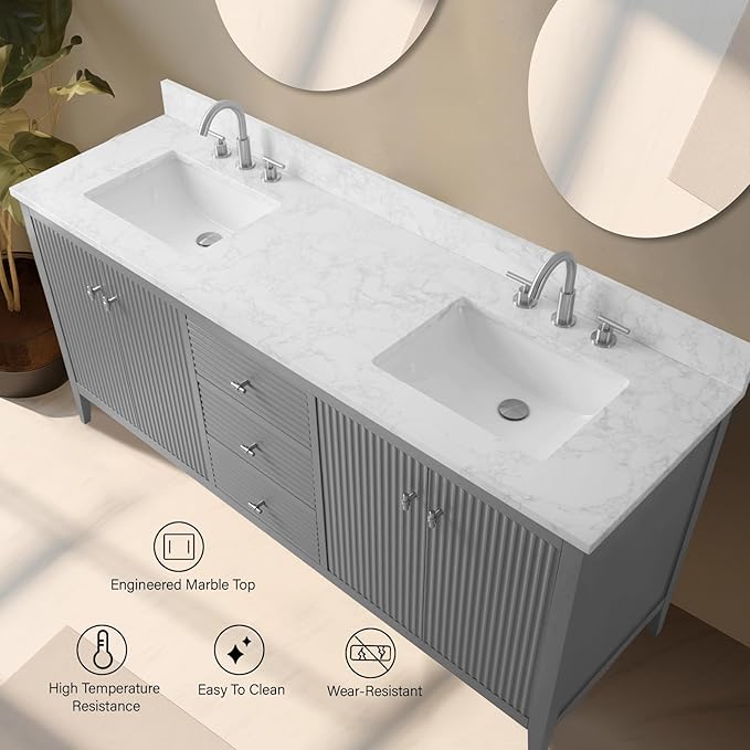 Vanity Art 72 inch Bathroom Vanity with Double Sink & Ceramic Top, Vanity Cabinet with Soft-Closing Door, Solid Wood Frame, Linear Pattern, Cashmere Gray, VA9172-DG-MB,Matte Black Handles