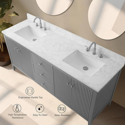 Vanity Art 72 inch Bathroom Vanity with Double Sink & Ceramic Top, Vanity Cabinet with Soft-Closing Door, Solid Wood Frame, Linear Pattern, Cashmere Gray, VA9172-DG-MB,Matte Black Handles