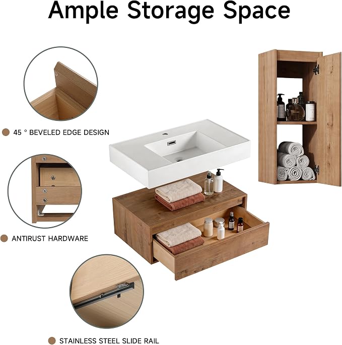 30 Inch Floating Bathroom Vanity with Sink, Modern Wall-Mounted Bathroom Cabinet with Resin Sink & Soft Close Drawer, Split-Level Layout (Nature Oak, 30"+1 Side Cabinet)