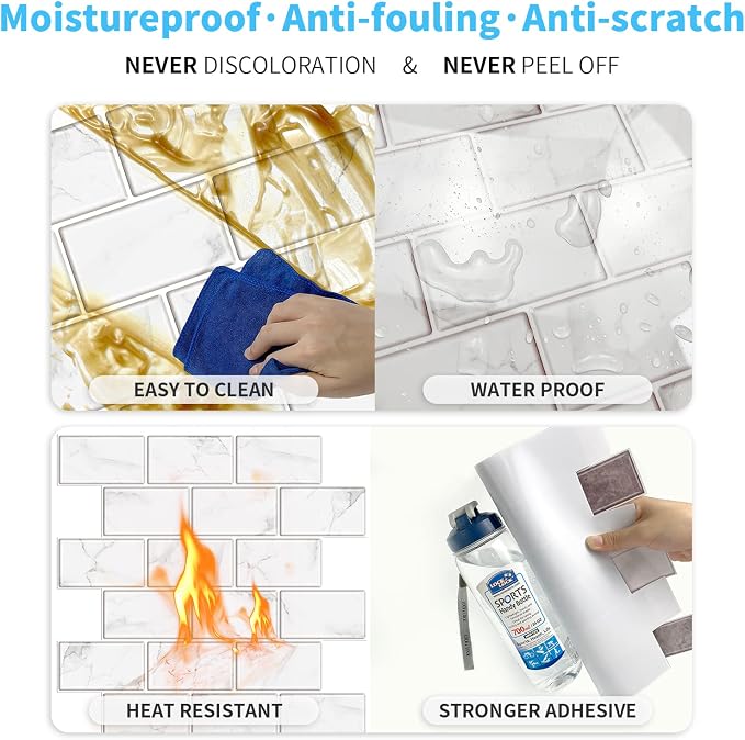 URCOLOR 10-Sheet Peel and Stick Backsplash Tile Sticker for Kitchen,12"x12" Self Adhesive Subway Wall Tiles Stick on Back Splashes for Bathroom White Marble Design