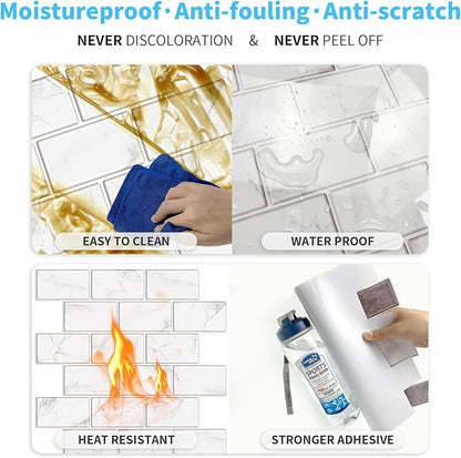 URCOLOR 10-Sheet Peel and Stick Backsplash Tile Sticker for Kitchen,12"x12" Self Adhesive Subway Wall Tiles Stick on Back Splashes for Bathroom White Marble Design