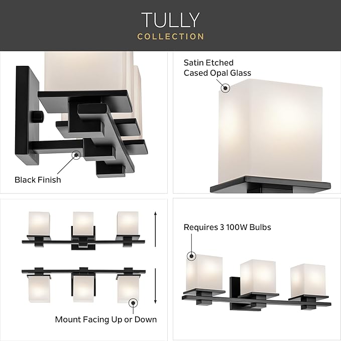Kichler Tully 24" Vanity Light in Antique Pewter, 3-Light Modern Bathroom Light with Satin Etched Cased Opal Glass, (24" W x 6.5" H), 45151AP