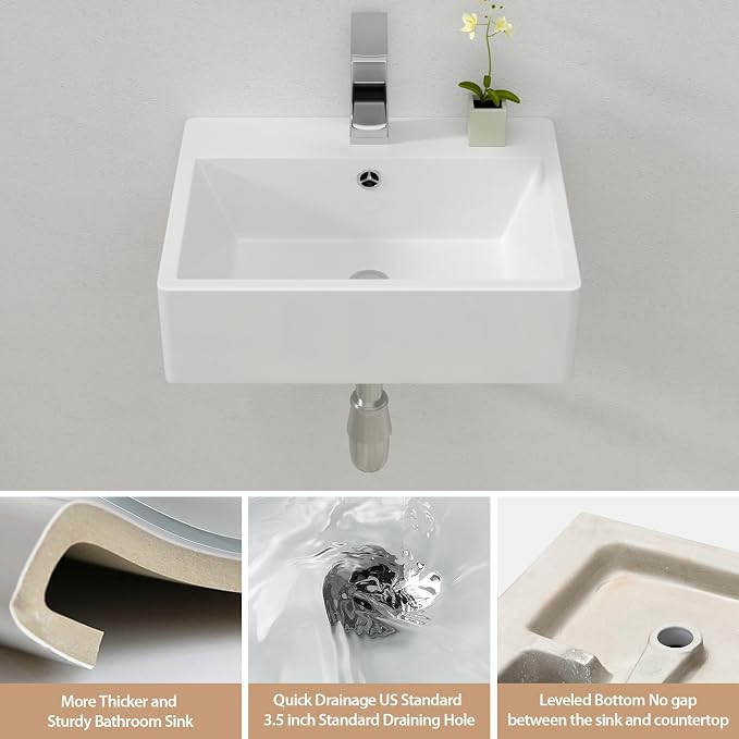 Lordear Floating Bathroom Sink Wall Mounted 21"x16" Bathroom Vessel Sinks Free Standing Wall Hung Sink Rectangle White Porcelain Ceramic Vessel Art Basin