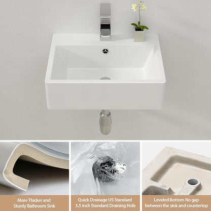 Lordear Floating Bathroom Sink Wall Mounted 21"x16" Bathroom Vessel Sinks Free Standing Wall Hung Sink Rectangle White Porcelain Ceramic Vessel Art Basin