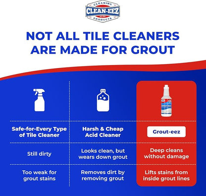 Clean-eez Grout Cleaner 4 Pack with Stand-Up Brush Attachment - Stain Remover Heavy-Duty Scrubber - Bathroom Shower Ceramic Porcelain Tile & Grout Only - Easy Control Flip Top Cap - 32 oz.