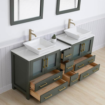 Vanity Art 72 Inch Vessel Double Sink Bathroom Vanity Cabinet with 2 Mirrors, Engineered Marble Top Bathroom Cabinet Compact Set with 7 Dovetail Drawers and Soft Closing Doors, VA3130-72VG