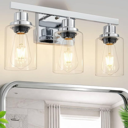 3 Light Bathroom Light Fixtures,17" Polished Chrome Vanity Lights | Modern Vanity Lights over Mirror with Clear Glassshades,Farmhouse Bathroom Wall Sconece over Sink,E26 Base