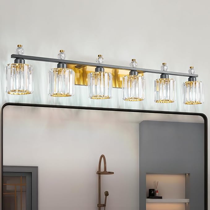 Bathroom Vanity Lights 6-Light Black Gold Modern Crystal Vanity Light Fixtures Over Mirror Crystal Bathroom Vanity Lighting Fixtures