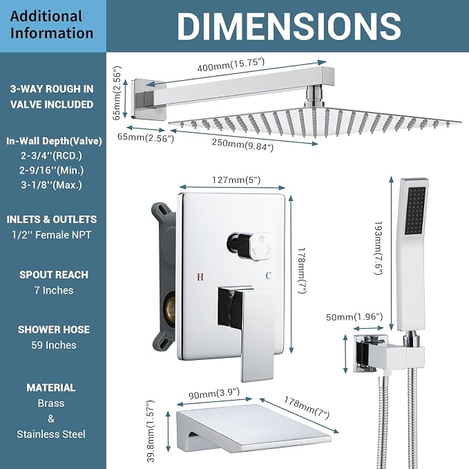 DASAN Tub Shower Faucets Sets Complete Bathtub Shower System with Waterfall Tub Spout, Chrome Bathtub Faucet Set Tub and Shower Faucet Combo Trim Kit with Valve, DA-SS04PC-S10W