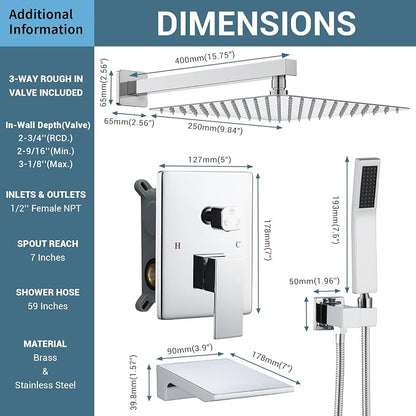DASAN Tub Shower Faucets Sets Complete Bathtub Shower System with Waterfall Tub Spout, Chrome Bathtub Faucet Set Tub and Shower Faucet Combo Trim Kit with Valve, DA-SS04PC-S10W