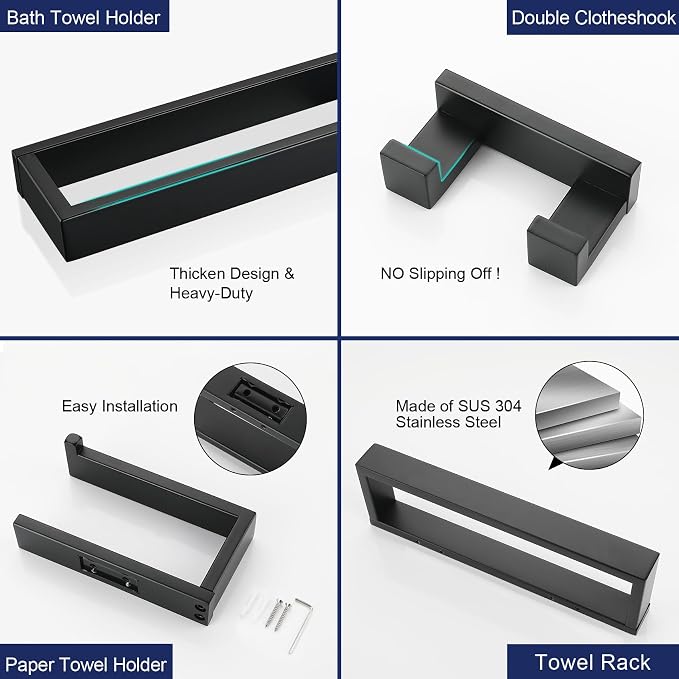 Lairuier Matte Black Bathroom Hardware Accessories, 4PCS Towel Bar Set | Including Towel Bar, Towel Holder, Toilet Paper Holder, Towel Hook, SUS304 Stainless Steel Bathroom Towel Holder Hardware Set