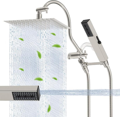 Hibbent All Metal cUPC Certified Shower Head, 12'' High Pressure Rainfall Showerhead Combo, Handheld Shower Wand, 12'' Adjustable Extension Arm, 4-Spray, 71'' Hose, Shower Holder, Brushed Nickel