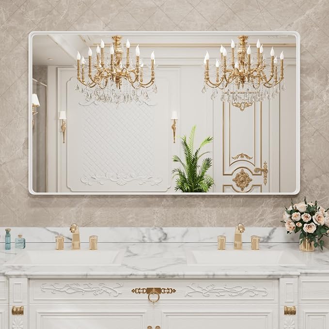LOAAO White Metal Framed Bathroom Mirror, 60x40 Inch | Rounded Rectangle, Anti-Rust, Tempered Glass, Hangs Horizontally or Vertically