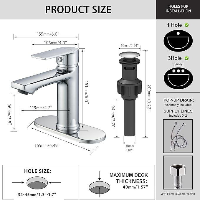 BELZ Chrome Bathroom Faucet, Modern Single Handle One Hole Bath Vanity Sink Faucets with Pop Up Drain and Deck Plate for 1 or 3 Holes