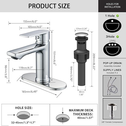 BELZ Chrome Bathroom Faucet, Modern Single Handle One Hole Bath Vanity Sink Faucets with Pop Up Drain and Deck Plate for 1 or 3 Holes