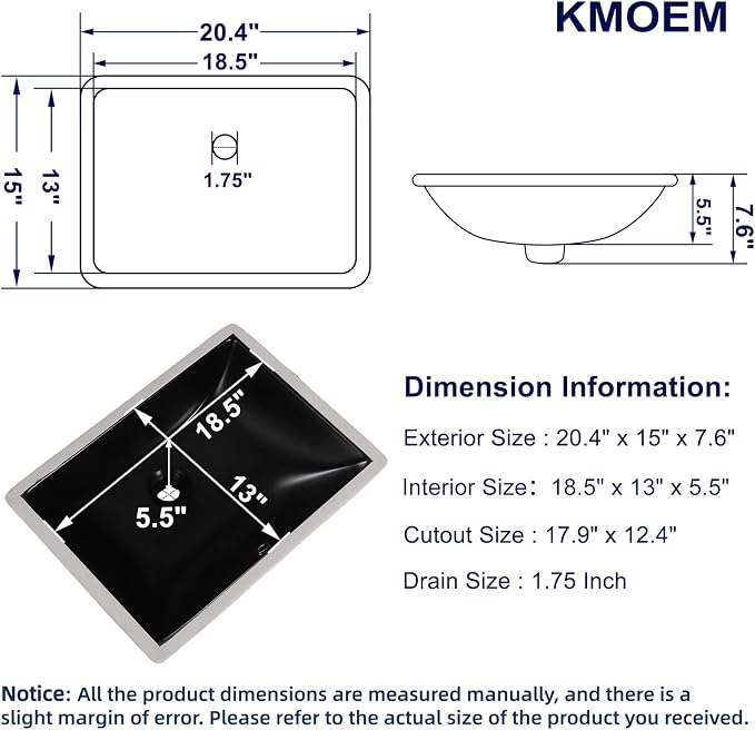 Undermount Bathroom Sink 20x15 Inch Small Bathroom Sink Black Porcelain Ceramic Bathroom Under Counter Lavatory Vanity Sink Basin Rectangular Undermount Sinks with Overflow