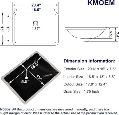 Undermount Bathroom Sink 20x15 Inch Small Bathroom Sink Black Porcelain Ceramic Bathroom Under Counter Lavatory Vanity Sink Basin Rectangular Undermount Sinks with Overflow