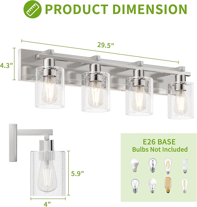 4-Light 30inch Brushed Nickel Vanity Light, Thickened Seeded Glass | Over Mirror for Bathroom, Rust Resistant, E26 Base, Easy Install, Removable Glass Shade Horizontal Mount, Dimmable