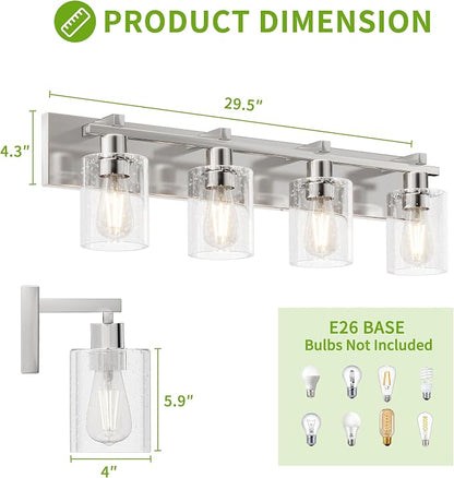 4-Light 30inch Brushed Nickel Vanity Light, Thickened Seeded Glass | Over Mirror for Bathroom, Rust Resistant, E26 Base, Easy Install, Removable Glass Shade Horizontal Mount, Dimmable